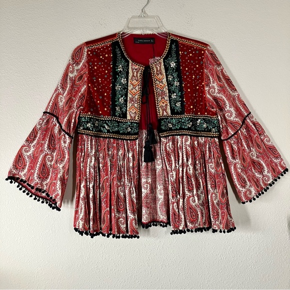 ZARA Paisley Velvet Embellished Boho Topper Jacket L Bell Sleeve Boho Maximalist